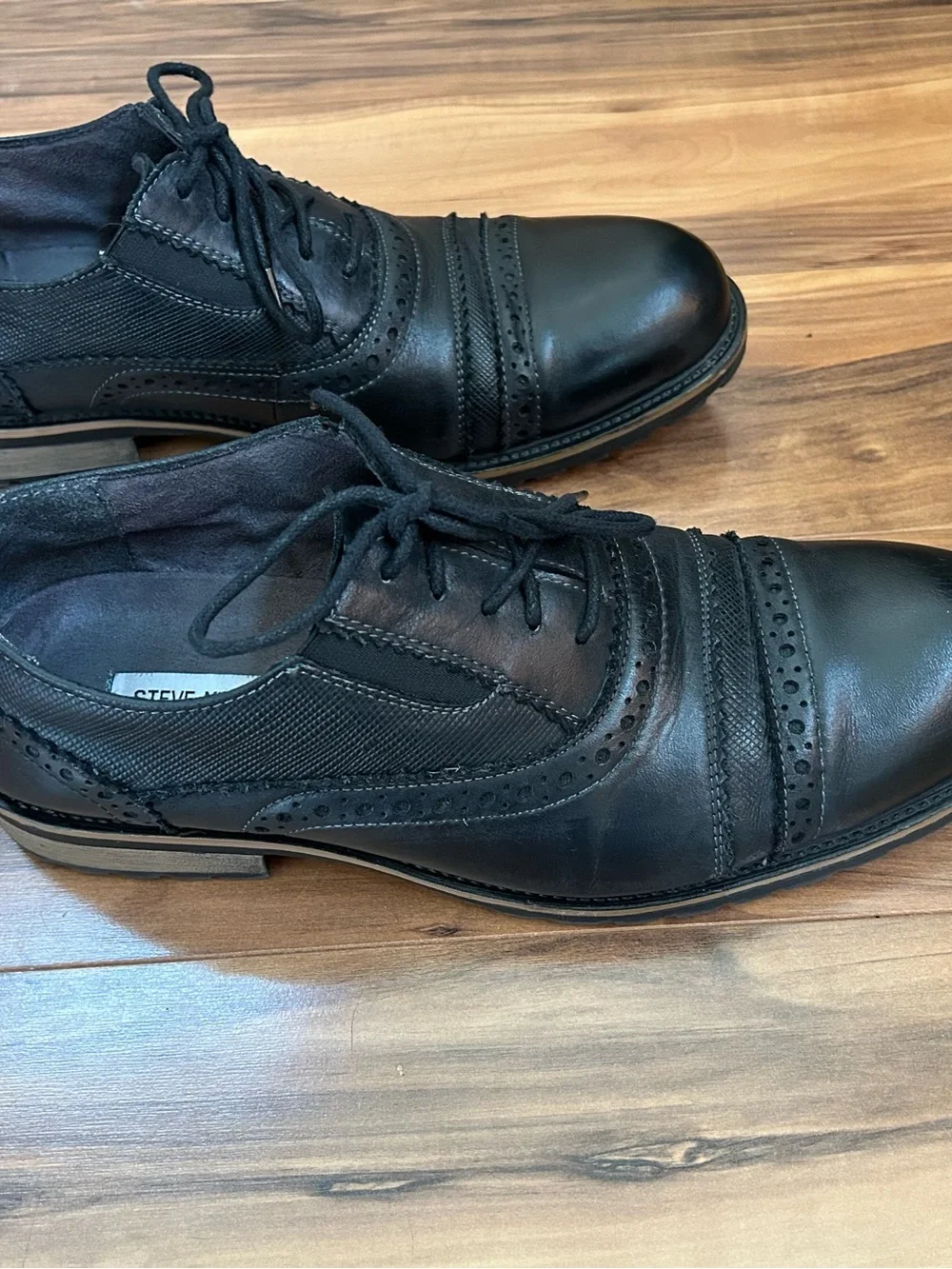 Steve Madden Mens Spanner Black Leather Brogue Oxfords, Lug Sole, Wood Accent 11